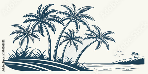 Tropical coastal landscape with palm trees ocean waves distant island flying birds tropical landscape paradise vacation coastline silhouette destination