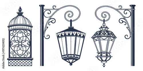 Set of three ornate wrought iron style lanterns including pole mounted and hanging brackets in black silhouette with street lamp light fixture design element