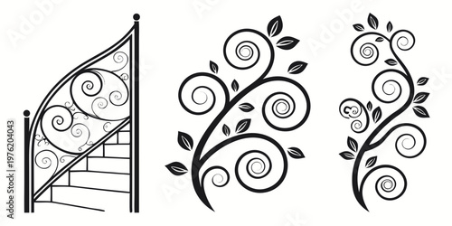 Decorative wrought iron railing with stairs and two elegant floral swirl ornaments with leaves in black silhouette design element art nouveau line art staircase