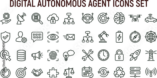 Digital autonomous artificial intelligence agent outline icon set for automation analytics dashboards applications interfaces workflow robotics and smart technology systems