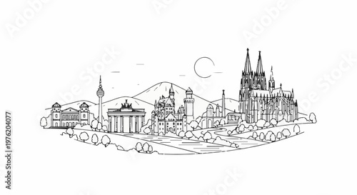A stylized black and white sketch of famous German landmarks