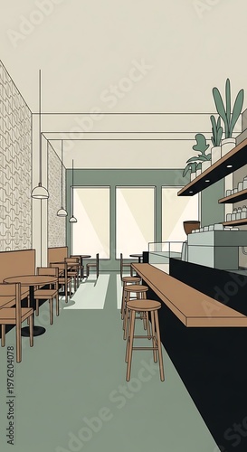 Cozy Cafe Interior Illustration with Plants and Natural Light.