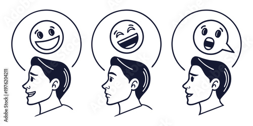 Conceptual illustration of a person's head with thought bubbles above representing different mental states and emotions such as happiness laughter surprise