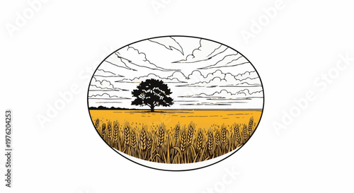 A stylized depiction of a solitary tree amidst a golden field of wheat under a cloudy sky