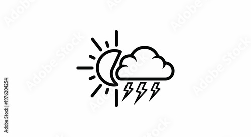 A stylized depiction of a half-sun and a thundercloud with lightning