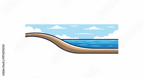 A stylized depiction of a waterfront scene with a curved pathway overlooking blue water