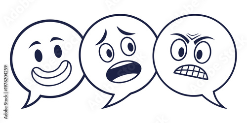 Outline speech bubbles with expressive emoji faces: happy surprised angry emoticons representing various emotional states vector graphic illustrates