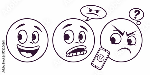 Digital communication emotions vector icon set: happy worried angry emoticons with smartphone and speech bubbles social media line art emoticon smartphone
