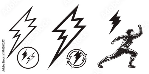 Collection of lightning bolt icons and superhero silhouette in power pose with lightning superhero electric electrical strength charging silhouette character