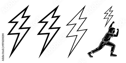 Set of lightning bolt vector graphics and dynamic action man silhouette with lightning movement electric illustration strength silhouette athletic isolated