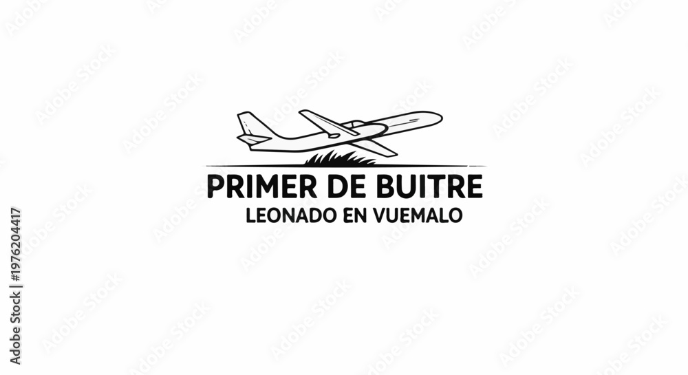 Fototapeta premium A stylized drawing of an airplane taking off over grass, with text below