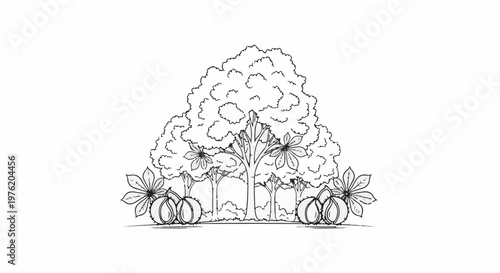 A stylized drawing of autumnal trees with foliage and foreground seed pods
