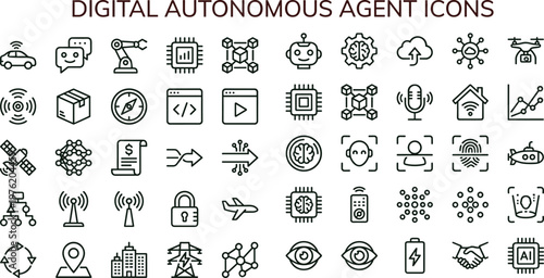 Digital autonomous artificial intelligence agent outline icon set for automation analytics dashboards applications interfaces workflow robotics and smart technology systems