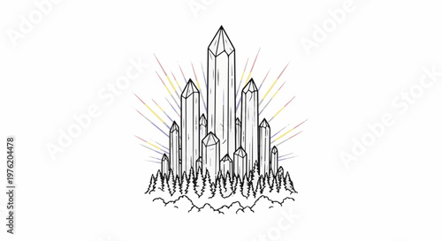 A stylized drawing of crystal formations rising above a forest with radiating colored lines