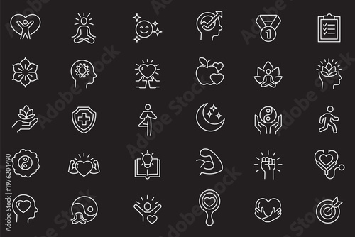 Wellness icon set. Health, self-care, mindfulness, mental health, healthcare, spa, wellbeing, yoga, meditation, healthy lifestyle, fitness icons. Thin line editable stroke vector illustrations.