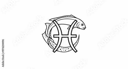 A stylized fish encircles the Pisces zodiac symbol in this line art