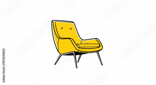 A stylized illustration of a bright yellow armchair with a mid-century modern design