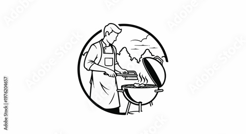 A stylized illustration of a person grilling food outdoors
