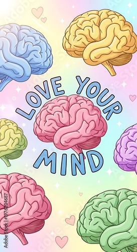Colorful Brains and Love Your Mind Text on Pastel Background.