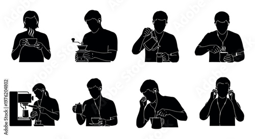 Collection of people silhouettes in various coffee drinking and business poses