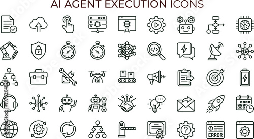 Artificial intelligence agent execution outline icon set for automation analytics dashboards applications interfaces workflow robotics and smart digital control systems