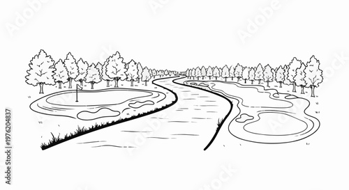 A stylized ink sketch depicts a winding river flowing through a golf course lined by trees