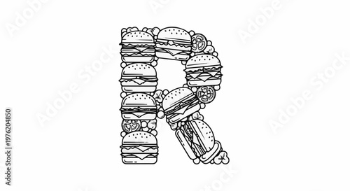 A stylized letter R formed from stacked burgers, tomatoes, and buns