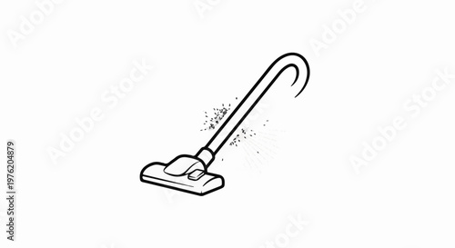 A stylized line art drawing of a vacuum cleaner with dust particles