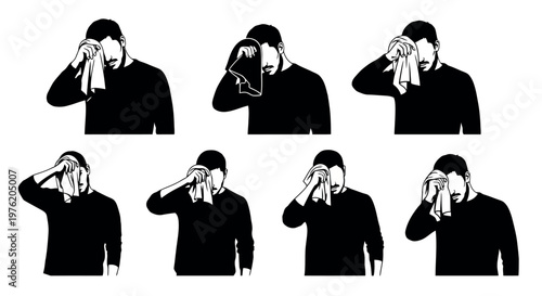 Set of black silhouette illustrations of a man wiping sweat from face