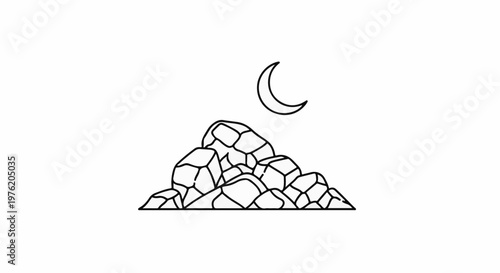 A stylized line drawing of a rocky outcrop under a crescent moon