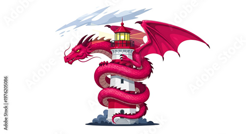 A vibrant red dragon wrapped around a traditional lighthouse with a striking design