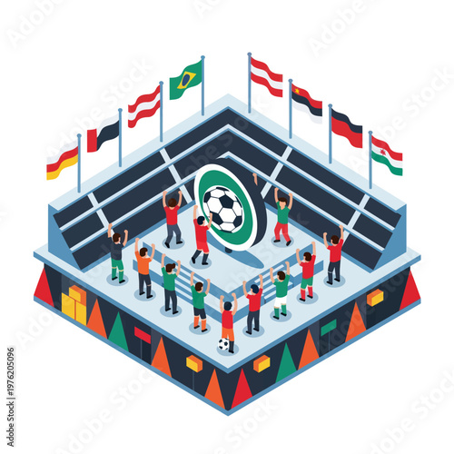 Soccer players celebrating on field together.