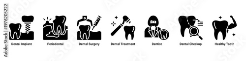 Implant Care web banner icon vector illustration with icons of Dental Implant,Periodontal,Dental Surgery,Dental Treatment,Dentist,Dental Checkup and Healthy Tooth