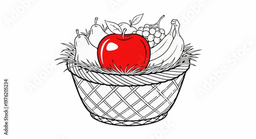 A stylized, line-art depiction of a woven basket overflowing with various fruits