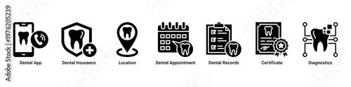 Clinic System web banner icon vector illustration with icons of Dental App,Dental Insurance,Location,Dental Appointment,Dental Records,Certificate and Diagnostics