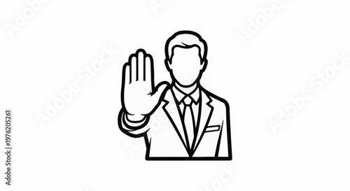 A stylized, line-art illustration of a person in a suit holding up a hand