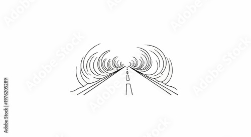 Abstract black and white drawing of a road receding into a swirling tunnel