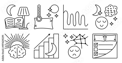 Sleep quality and productivity, black line icon set. Monochrome outline good and bad sleeping sign collection, editable stroke various somnology symbols. Optimal conditions, spoil factors, tips
