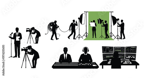 Photography studio, filmmaking crew, behind the scenes, production team, video production, 8 icons