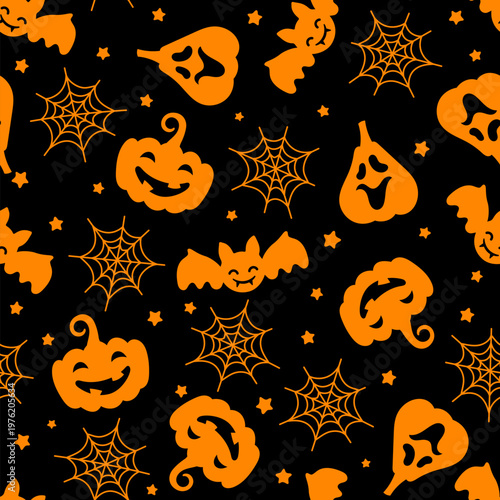 Cute Halloween seamless pattern. Vector orange bat, pumpkin, star and spiderweb on black background. Creepy print for Halloween decoration, wallpaper, textile, wrapping, fabric.