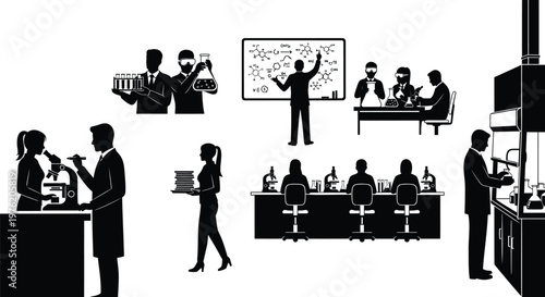 Black silhouette laboratory, medical research, healthcare professionals, lab equipment icons set