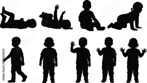 Child development stages, baby growth, infant milestones, toddler progress, crawling, walking, standing, silhouette icons, 