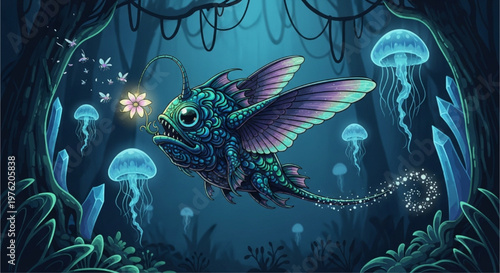 Enchanted Deep-Sea Journey A Whimsical Luminescent Creature Soars Through a Magical Underwater Forest Adorned with Glowing Jellyfish and Mystical Crystals