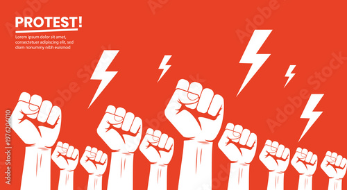 Raised fists and lightning bolts on red background for protest or activism