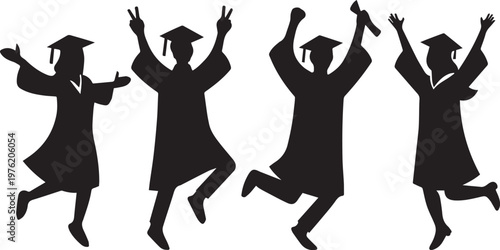 Happy graduating students silhouettes jumping for joy celebrating success achievement college school