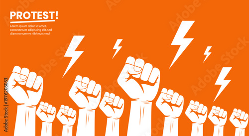 Raised fists and lightning bolts on orange background for protest or activism