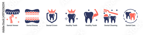 Aesthetic Care web banner icon vector illustration with icons of Dental Veneer,Dental Braces,Dental Crown,Healthy Teeth,Healthy Tooth,Dental Cleaning and Dental Care