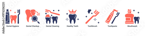 Preventive Care web banner icon vector illustration with icons of Dental Hygiene,Dental Checkup,Dental Cleaning,Healthy Teeth,Toothbrush,Toothpaste and Mouthwash