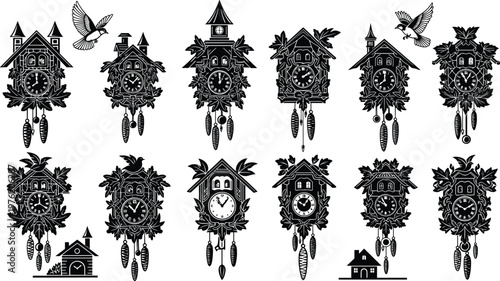 Cuckoo clock silhouettes, vintage design, ornate decoration, pendulum weights, bird detail, traditional craftsmanship, antique style, timepiece artwork, decorative illustration, heritage