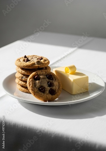 Stack of chocolate chip cookies with a block of butter on a white plate, bright natural light.